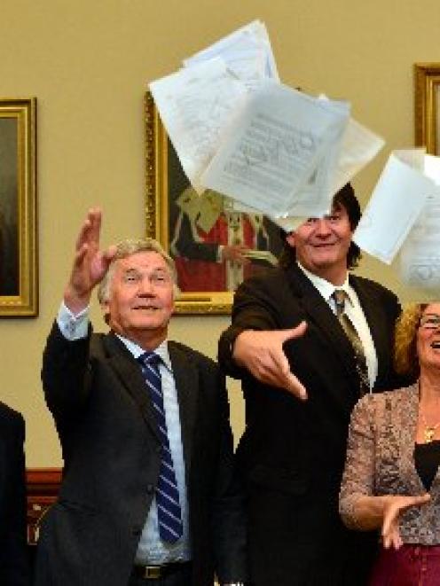 Saying farewell to Dunedin City Council papers yesterday are retiring councillors (from left)...