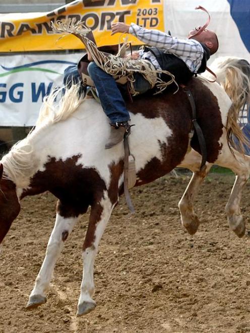 Scott Graham, of Galatea, Bay of Plenty,  holds on for victory  in the bareback bronc ride at the...