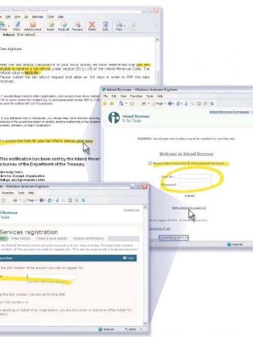 Screenshots of three of the steps in the IRD email scam, which ask for personal information,...