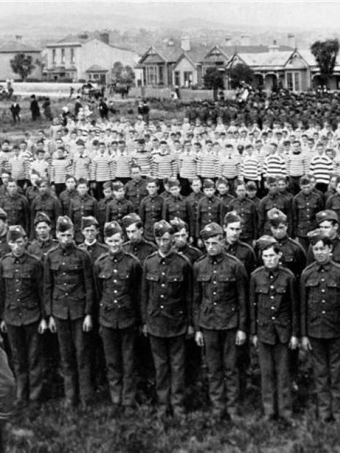 Senior cadets from the Otago Boys' High School battalion, parading at the Southern Recreation...