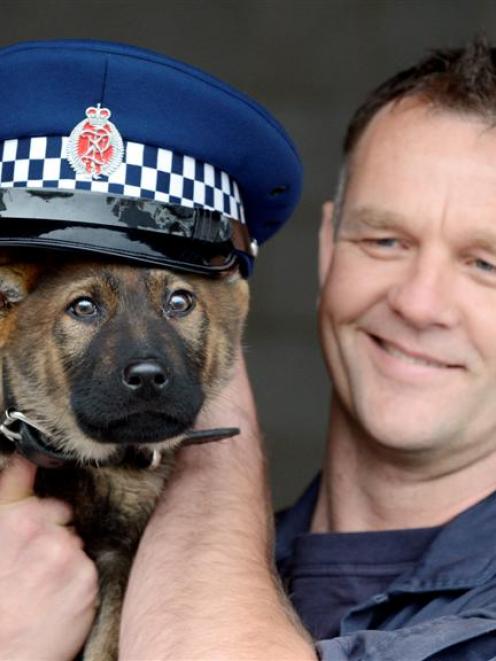 Sergeant Craig Baron and the Dunedin dog section's latest recruit, Halo. Photo by Gerard O'Brien.
