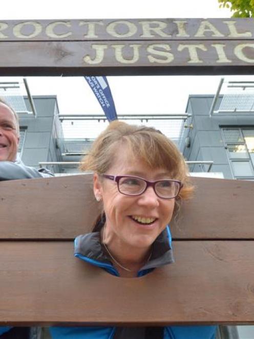 Sharon Chambers, daughter of former University of Otago proctor the late Ron Chambers, tries the...