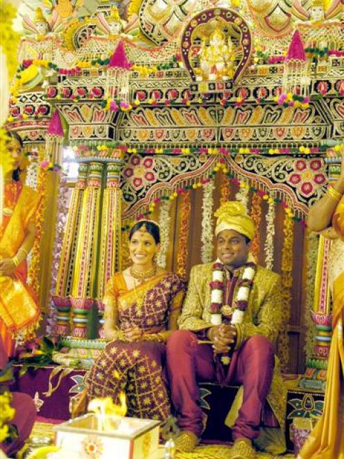 Shilpa Raju and Dushyandan Kanesamoorthy in the kanika dhanam part of their wedding ceremony on...