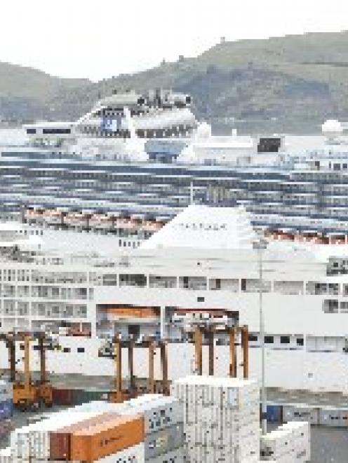 Silver Shadow (foreground) and Diamond Princess berthed in Port Chalmers yesterday. Photo by ...