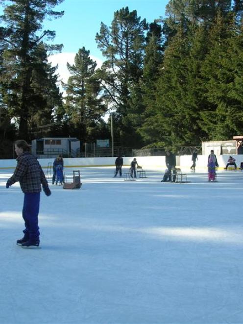 Skaters enjoy the free skating on the Maniototo Ice Rink at Naseby during the ice festival on...