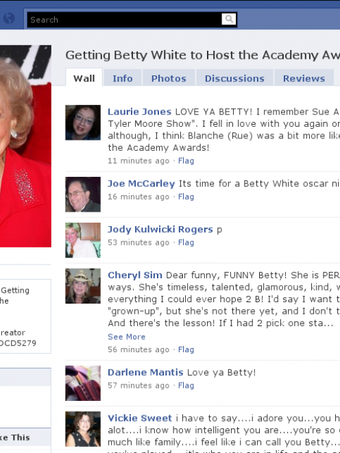 Slacktivism in action: the "Getting Betty White to host the Academy Awards" page on Facebook.