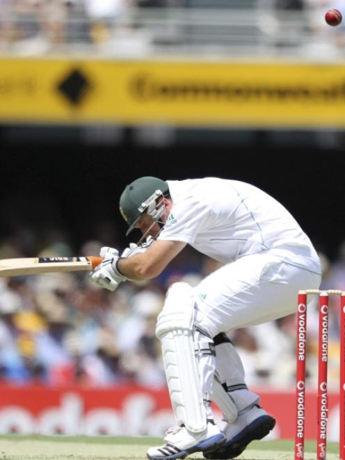 South Africa's captain Graeme Smith avoids a bouncer while batting against Australia during the...