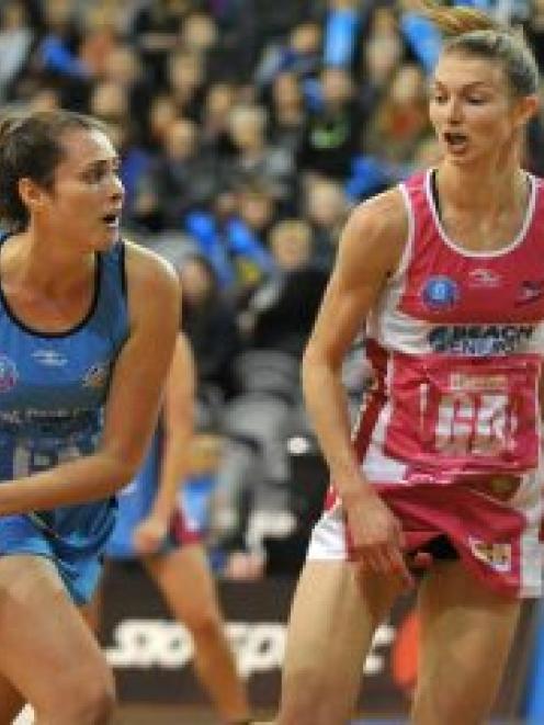 Southern Steel goal attack Brooke Leaver looks up court as Adelaide Thunderbirds goal defence Amy...