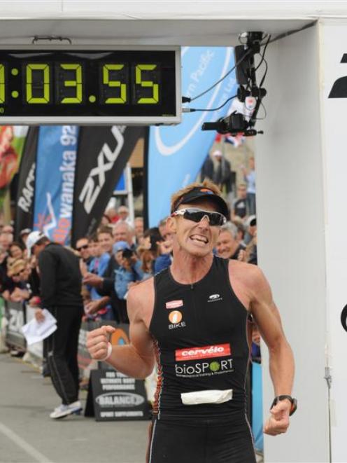 Southlander Jamie Whyte celebrates after crossing the finish line to win the Challenge Wanaka on...