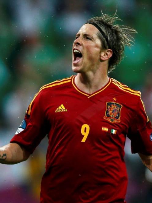 Spain's Fernando Torres celebrates after scoring against Ireland during their Group C Euro 2012...