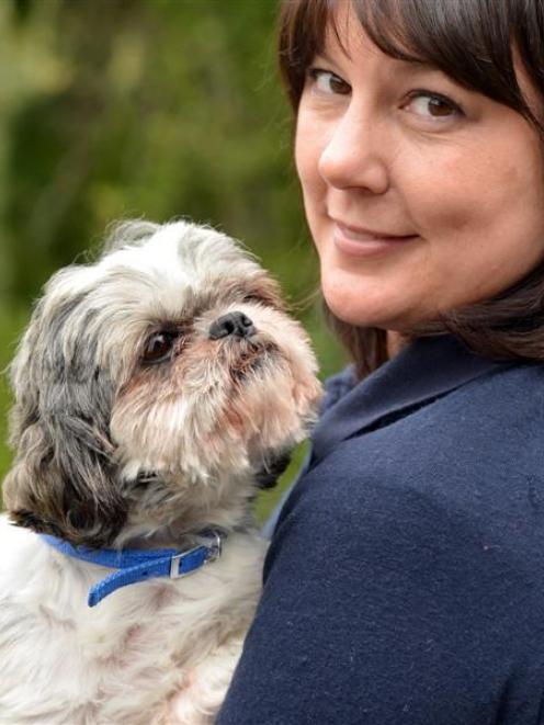 SPCA Otago business development manager Kirsty Thomson holds abandoned purebred shih tzu Ted....
