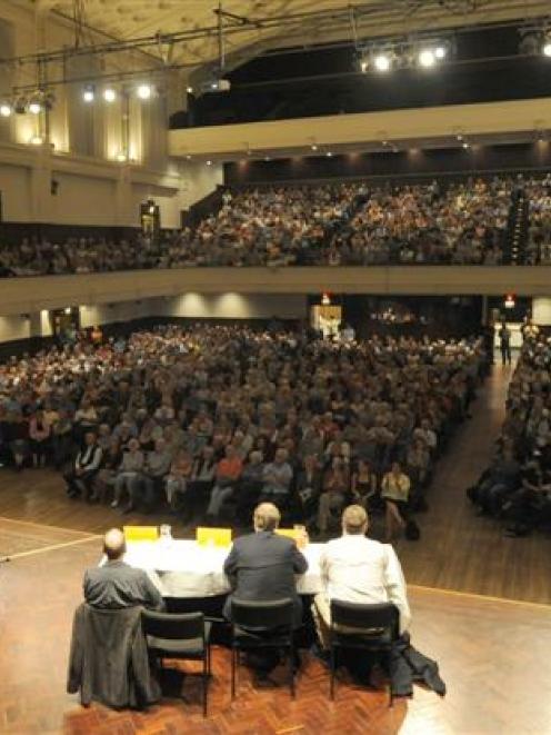 Speaker Sukhi Turner addresses the audience at the Stop the Stadium meeting at the Dunedin Town...