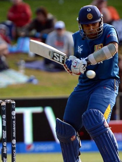 Sri Lanka batsman Mahela Jayawardene on his way to a century against Afghanistan in their World...