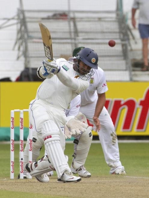 Sri Lanka's Kumar Sangakkara plays a shot during the third day of the second test against South...