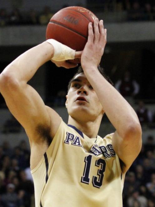 Steven Adams in action for the Pittsburgh Panthers against the Notre Dame Fighting Irish in...