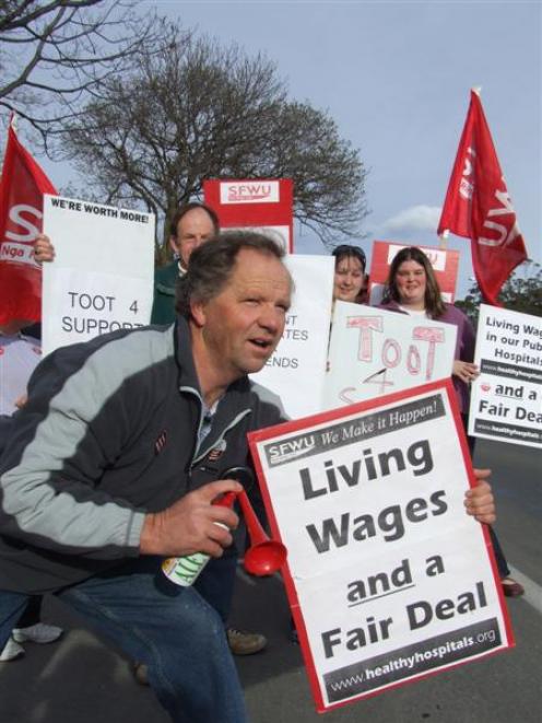 Striking Oamaru Hospital orderly Alec Tasker was vocal on the picket line in Severn St yesterday....