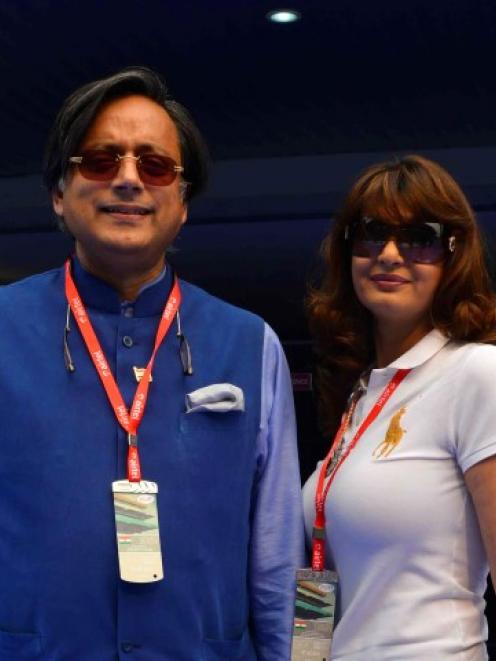 Sunanda Puskhar Tharoor and her husband Shashi Tharoor attend the Indian F1 Grand Prix on the...