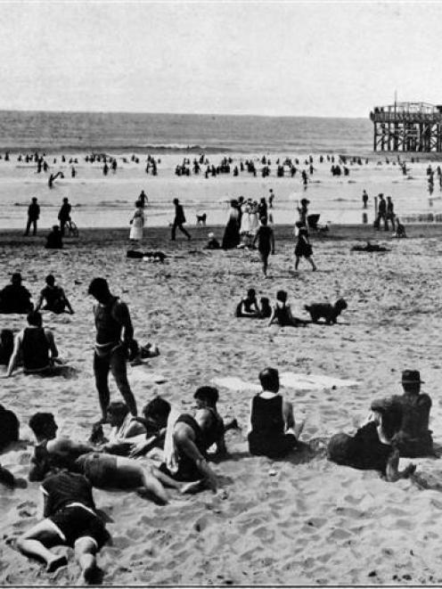 Surf bathing at one of the popular Christchurch seaside resorts: A Sunday morning scene on New...