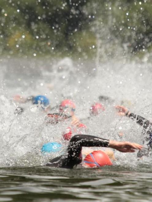 Swimmers compete in the Outside Sports Ultimate Tri Series at Jacks Point on Sunday. Photo supplied.