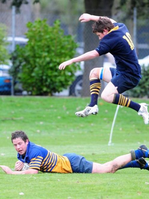 Taieri first five-eighth Jared Campbell scores a try in the premier 2 final at the University...