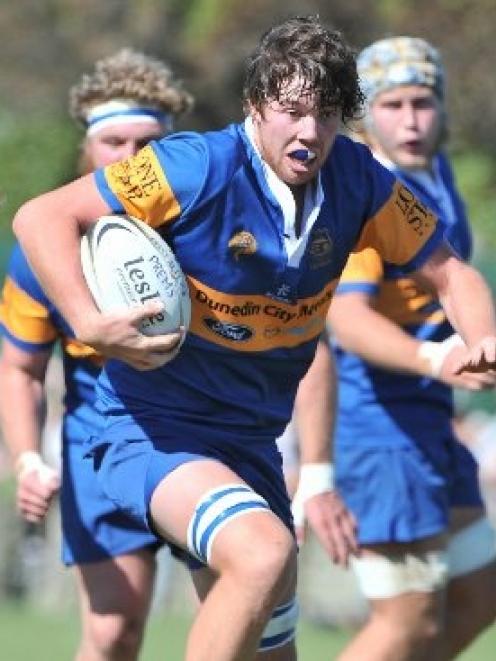 Taieri hooker Henry Parker on the charge against Dunedin at Kettle Park last week. Photo by Craig...