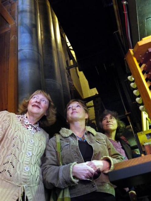 Taking a tour of the Dunedin Town Hall organ this week are (from left) Coral Billing, Amanda...