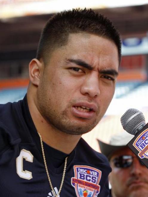 Te'o speaks at a media day in Miami, Florida, on January 5.  The American football star's on...
