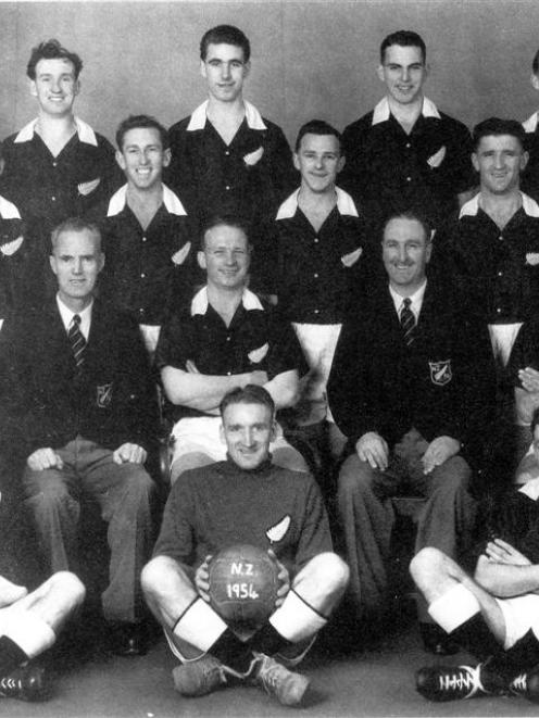 The  1954 New Zealand football team. Bill Westerveld is in the middle of the back row. Photo...