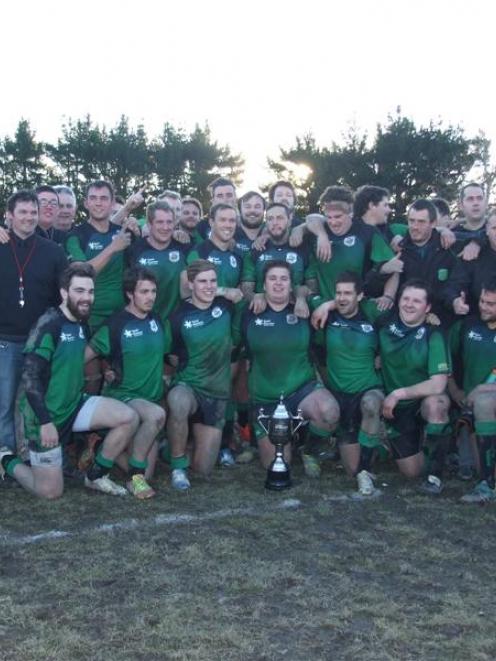 The Alexandra rugby team celebrates victory over Maniototo in the Central Otago premier club...