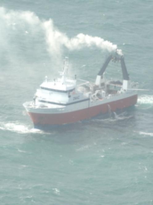 The Amaltal Columbia, on fire off the Canterbury coast. Photo NZ Defence Force