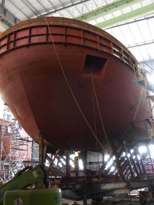 The bow section of Port Otago's new tug, Taiaroa, pictured in the Damen Group shipyard in Da Nang...