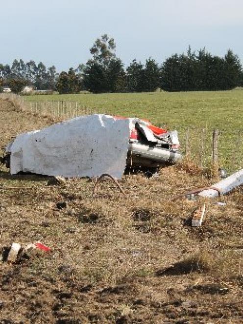 The car involved in a two-vehicle crash near Riversdale yesterday. PHOTO: SANDY EGGLESTON