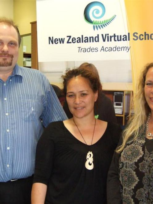 The Catlins Area School virtual trades academy director Allan Jon, learning adviser Tracy...