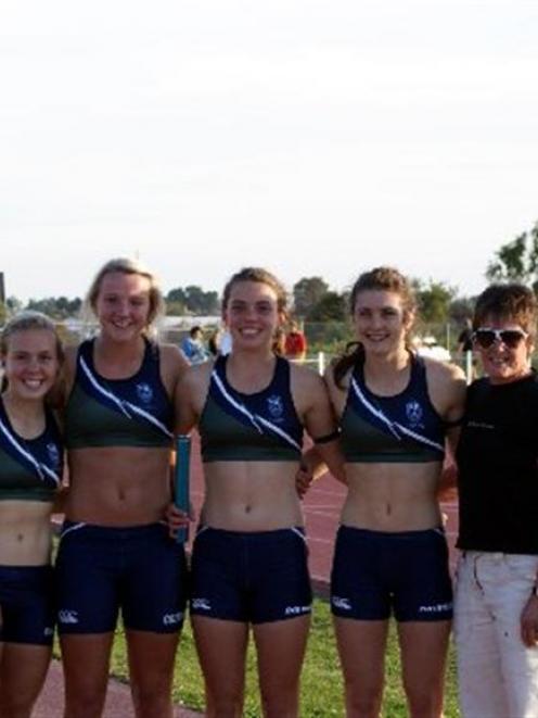 The Columba College 4x400m relay team that broke the open girls record at the South Island...