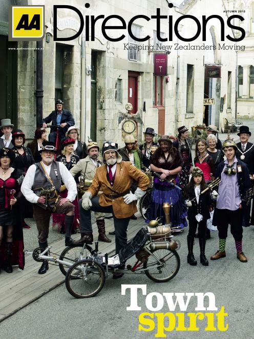 The cover of AA Directions autumn magazine, featuring Oamaru's Steampunk society, surrounded by...