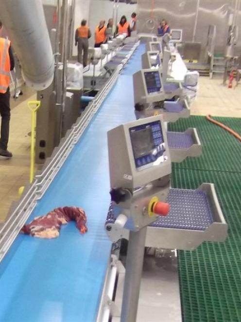 The first piece of meat goes down the line during commissioning of the Mataura plant's $15...
