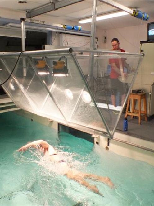 The flume in use during testing.  Photos by Gerard O'Brien.