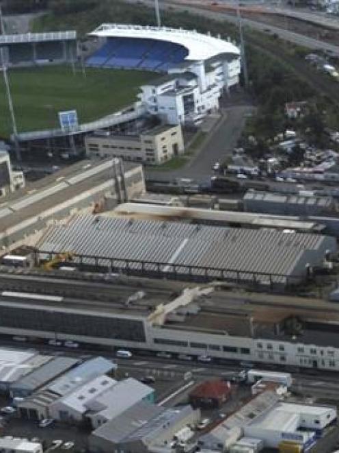 The Hillside Engineering workshops have a prominent place next to Carisbrook. Photo by Gerard O...