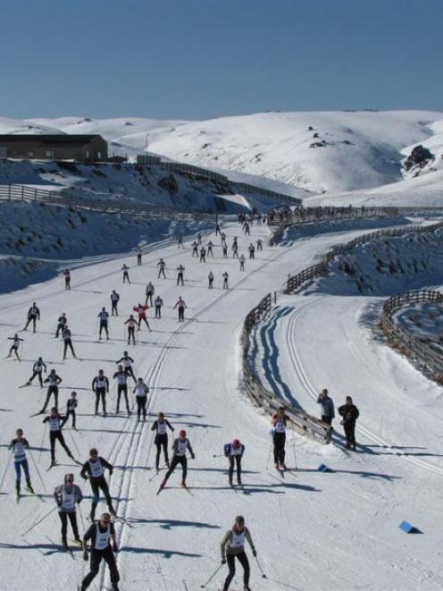 The Merino Muster field streams away from the Snow Farm base building at the start on Saturday....