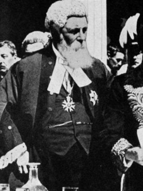 The new Governor of New Zealand, Lord Islington, at his swearing-in ceremony, At left is the ...