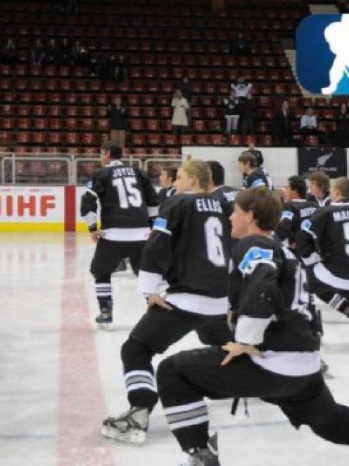 The New Zealand Under-18 National Ice Hockey Team  performs a haka on ice before  its...