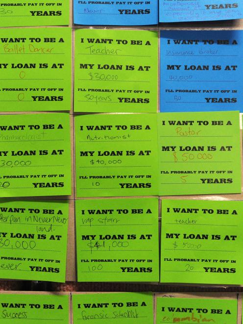 The notes outlining students' career aspirations and expected student loan debts. Photos by Peter...