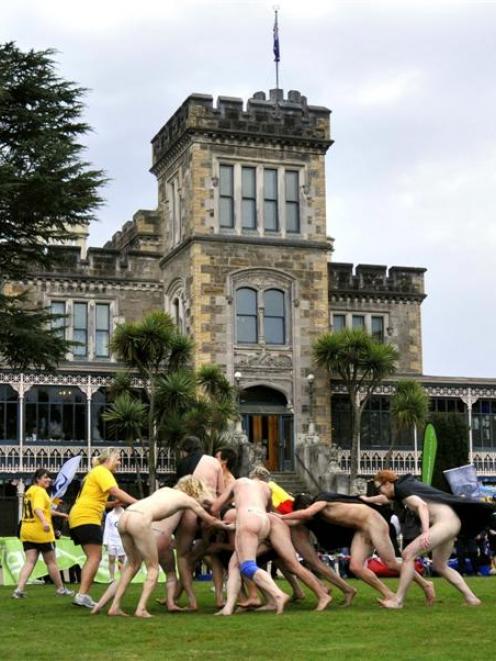 The Nude Blacks take on the Romanian Vampires at Larnach Castle on Saturday. Photo by Gregor...