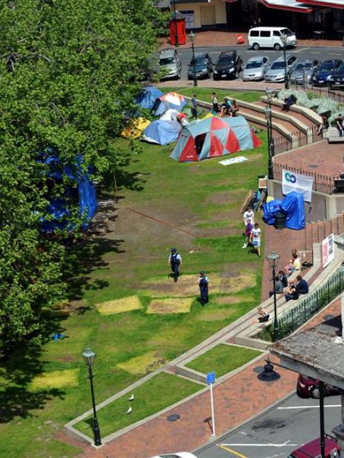 The Occupy Dunedin encampment in the Octagon. Photo by Peter McIntosh.