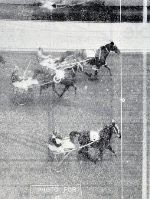 The official photo finish from the 1965 Interdominion pacing final, with Robin Dundee (outside)...