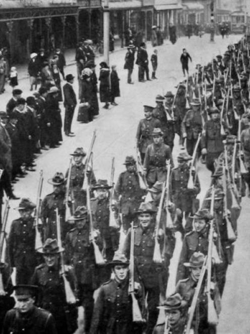 The Otago and Southland infantry battalion, under Lieutenant-Colonel Macdonald, marching through...