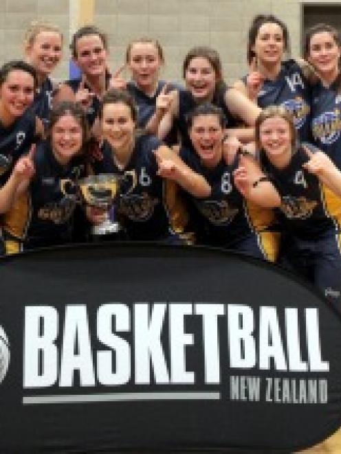 The Otago Goldrush celebrates its national title: back row (from left) Grace Allan, Jillian...