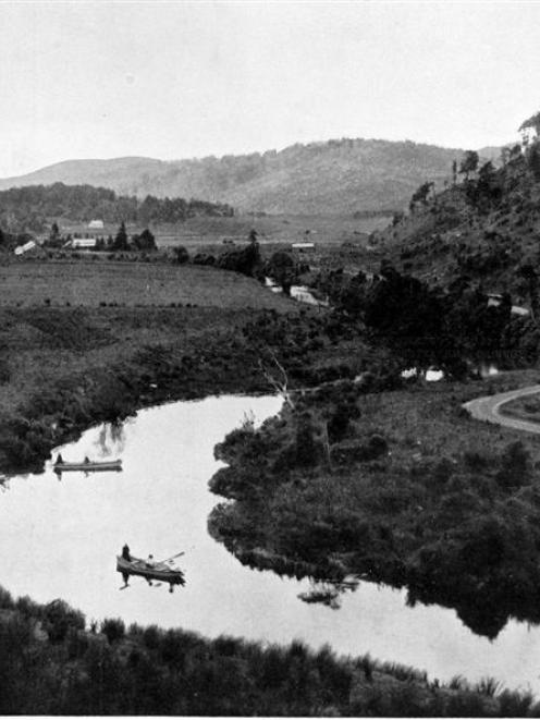 The Owaka River, looking towards Tahora Station. - Otago Witness, 25.10.1911.  Copies of picture...