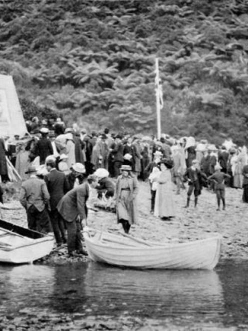 The scene at the unveiling of the Captain Cook Memorial, Queen Charlotte Sound, visited by Cook...