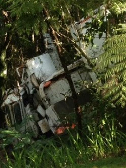 The scene from the recent rubbish truck crash at Birkenhead. Photo NZ Herald.